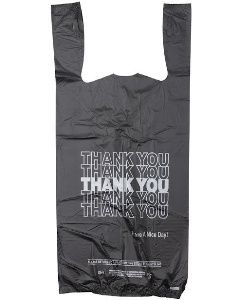 11.5"X6"X21" 1/6 BBL 13 microns Self Opening Easy Open System Economy Thank You Silver Print Black T-SHIRT Bags 13 mic Black Packed 800 /cs