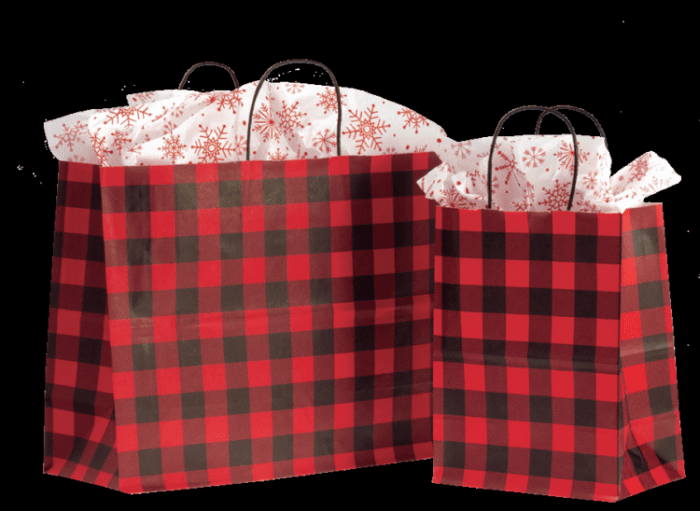 8” x 4-3/4” x 10-1/4” Petite Red Buffalo Plaid Holiday Shopping Bags 250 Bags 40% Post Consumer Material Made in USA