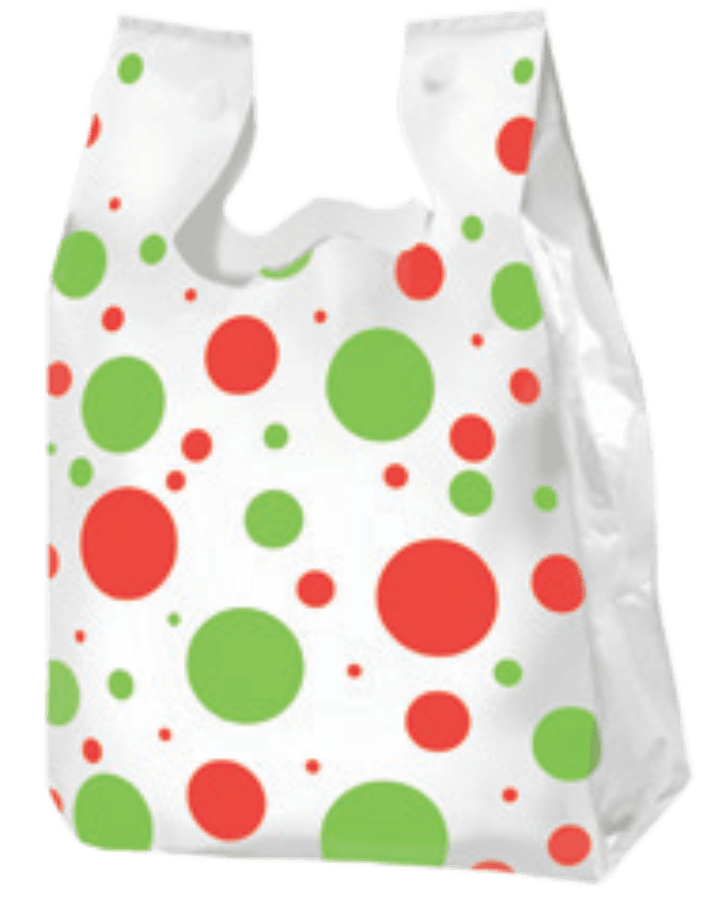 12” x 7” x 22” T-Shirt Bag (0.55 HDPE) Printed With Holiday Dots Packed 1,000/case