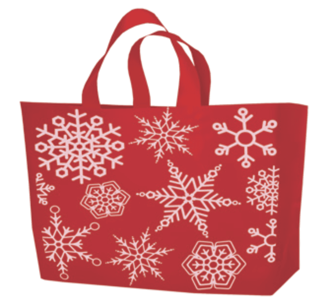 16” x 15” x 6” White Snowflake on Red Ameritote (2.25 HDPE) Bag Packed 250/case