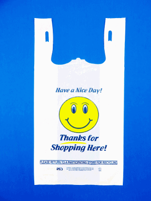 10 x 5 x 18″ 13 Micron White Embossed HDPE Plastic Grocery Bag Printed Smiley Face Packed 1,00/Case