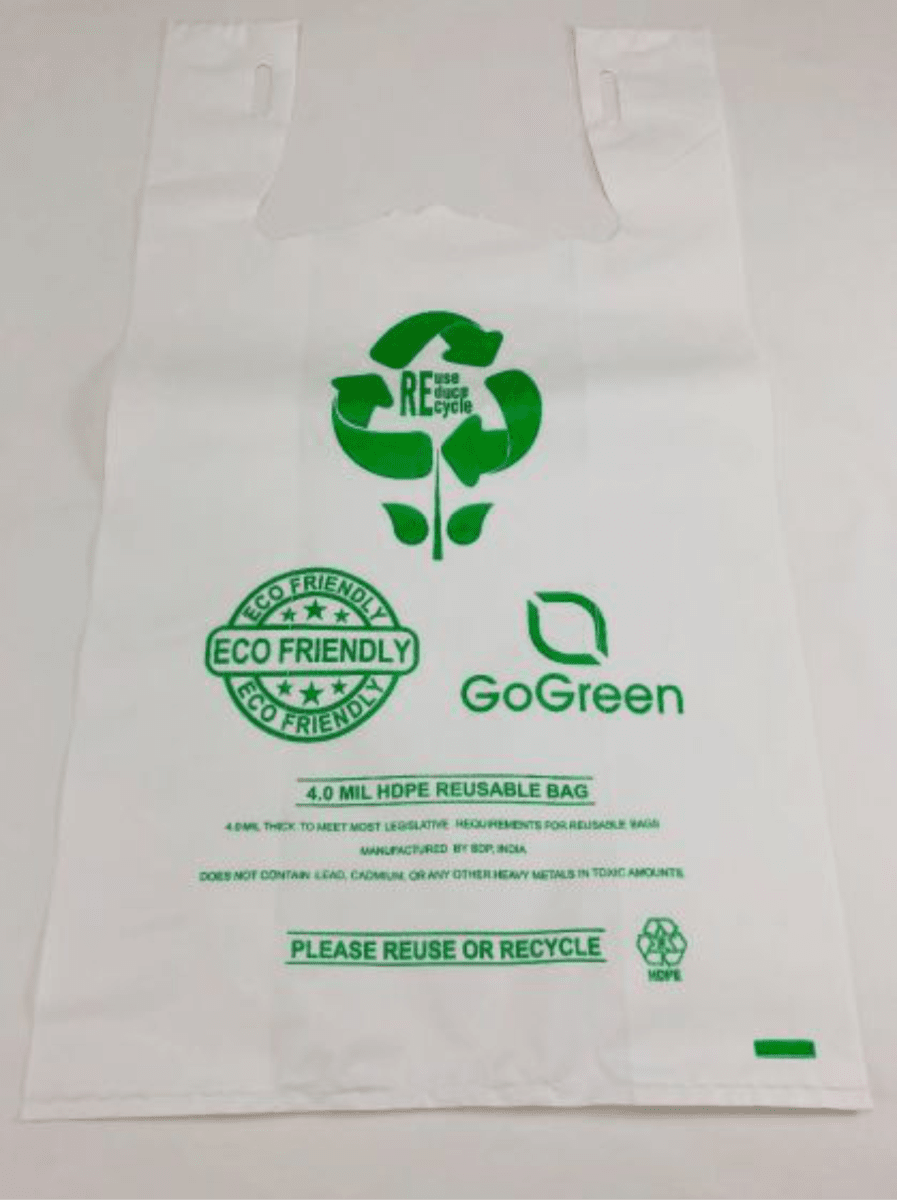 11.5 x 6.5 x 21″ (1/6 BBL) 4 Mil White LDPE Plastic Grocery Bag Printed “GoGreen” Packed 150/Case
